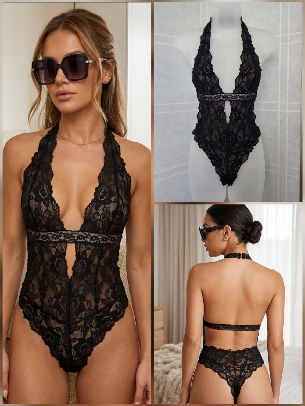 💙Black floral lace bodysuit>>> teddy halter lingerie 🤍Small (estimated)